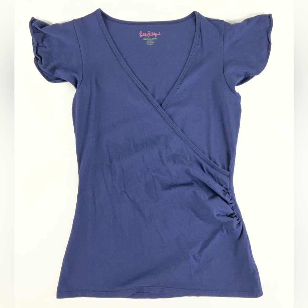 Lilly Pulitzer Dark Navy Blue Wrap-Style Short Sleeve Top Women's Size Small